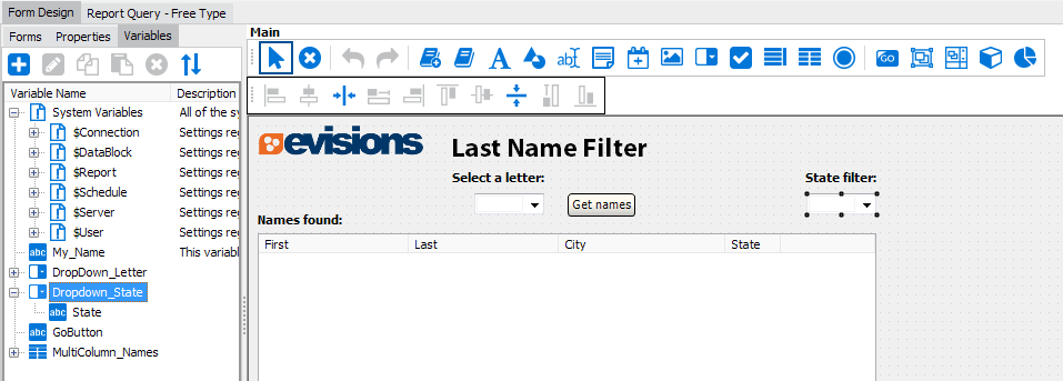 This image is the Form Designer with the Variables tab selected.  System and user created variables are listed under this tab.